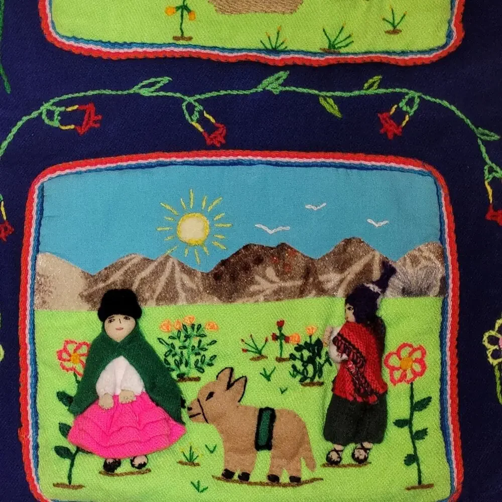 Vintage Arpillera Handmade Bolivia Wall Hanging 3D Folk Art Applique Tapestry